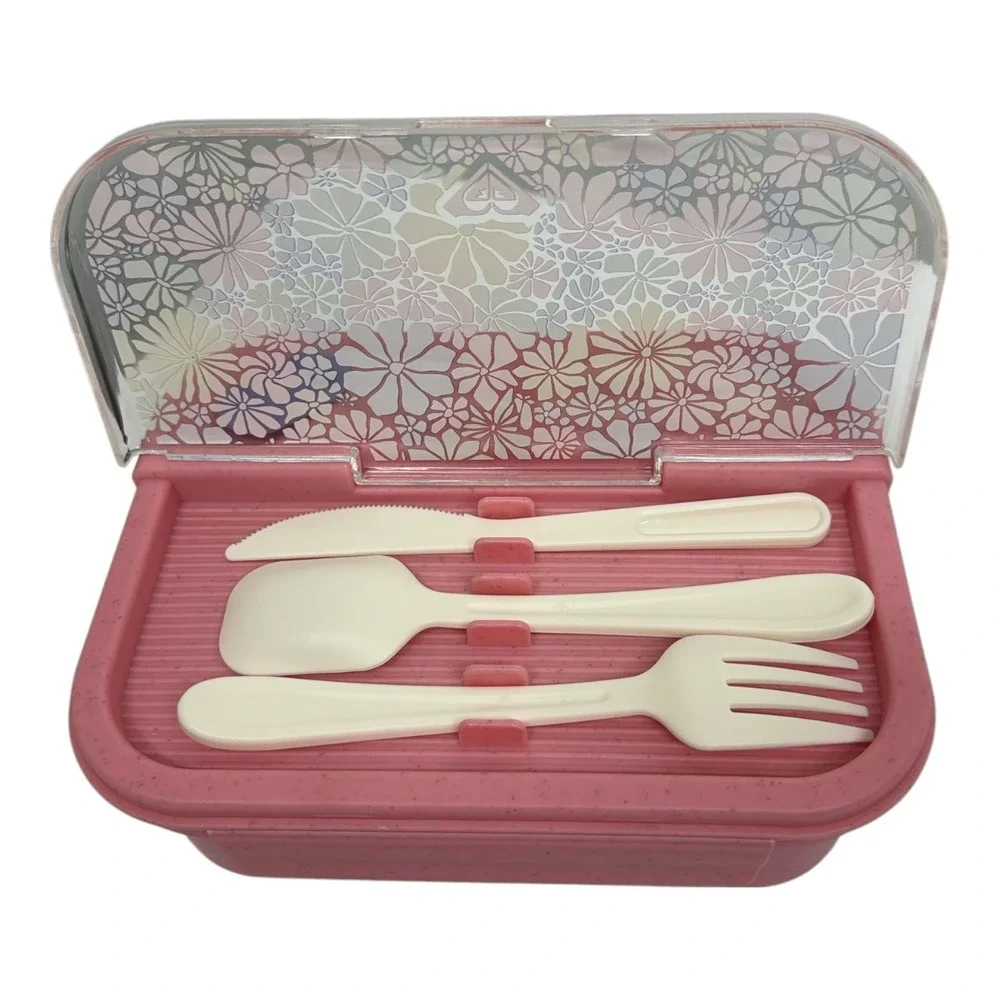 Roxy Hard Lunch Box Food Container with Utensils Snap Lid EUC Pink Floral